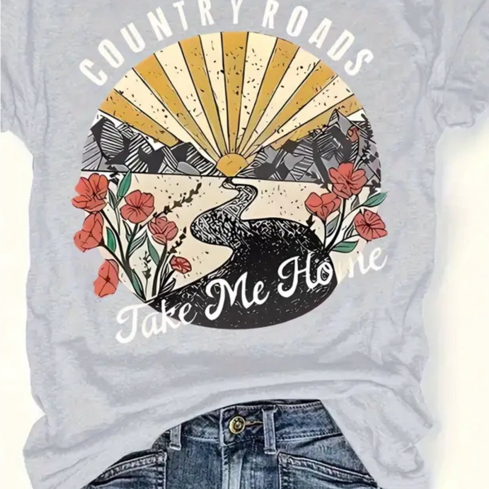 Gray Graphic Tee with Country Roads Design